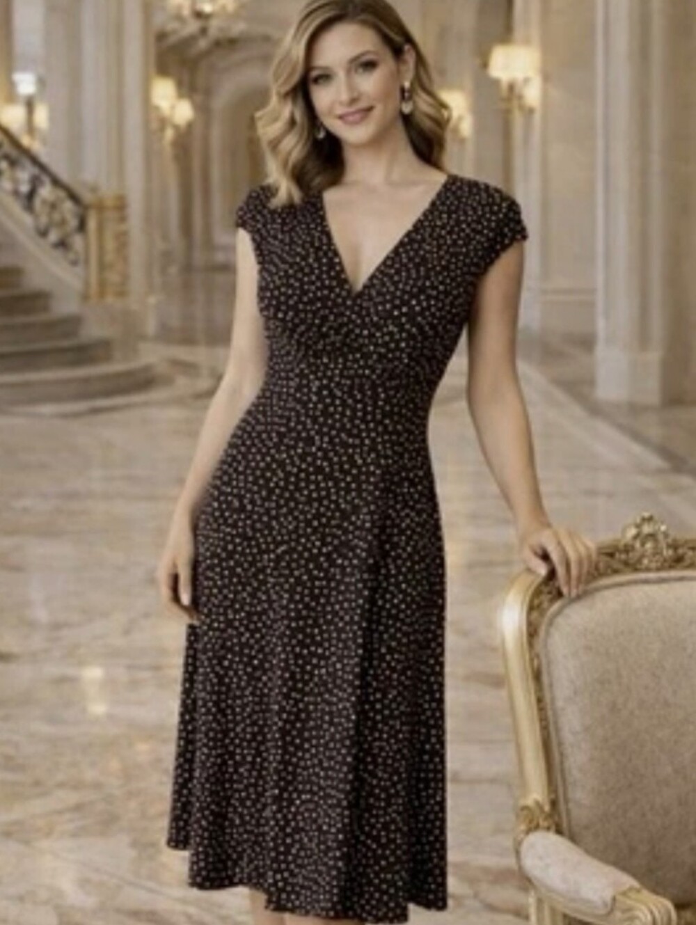 Vintage Lauren Ralph Lauren Retro Faux Wrap Dress with Cream Polka Dots. Size 2
